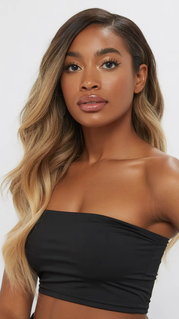 cool spring hair color for dark skin 2026 Honey Caramel Balayage with Soft Glam Waves