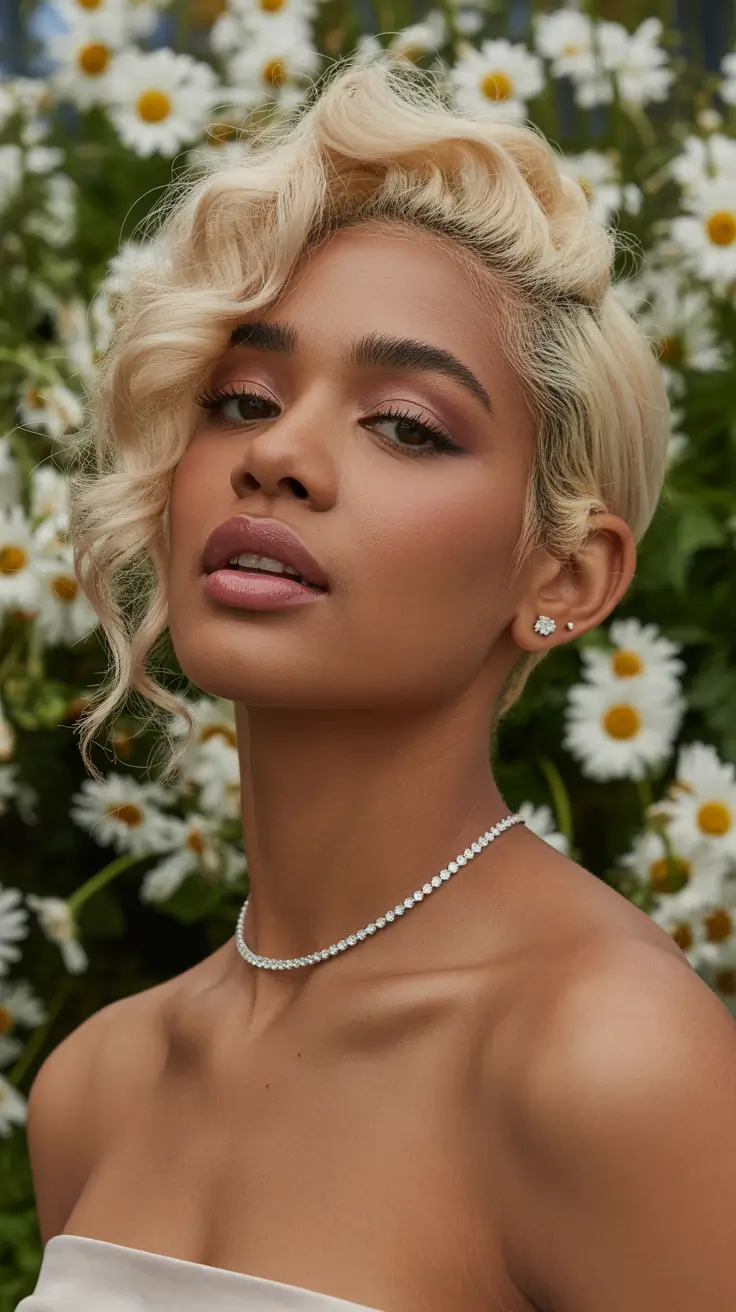 cool spring hair color for dark skin 2026 Champagne Blonde Waves with Bright Spring Contrast