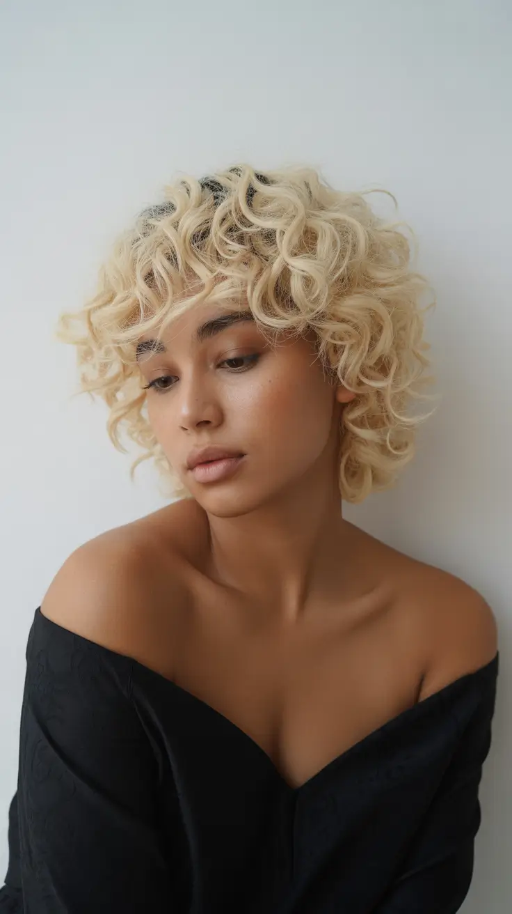 cool spring hair color for dark skin 2026 Soft Platinum Curly Crop with Airy Spring Texture