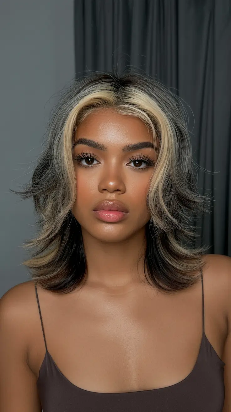 cool spring hair color for dark skin 2026 Smoky Brunette Layers with Bold Blonde Face Frame