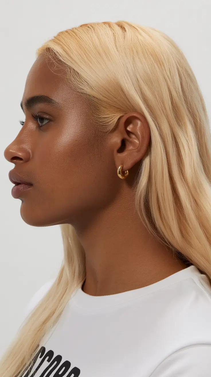 cool spring hair color for dark skin 2026 Warm Champagne Blonde with Sleek Minimal Styling