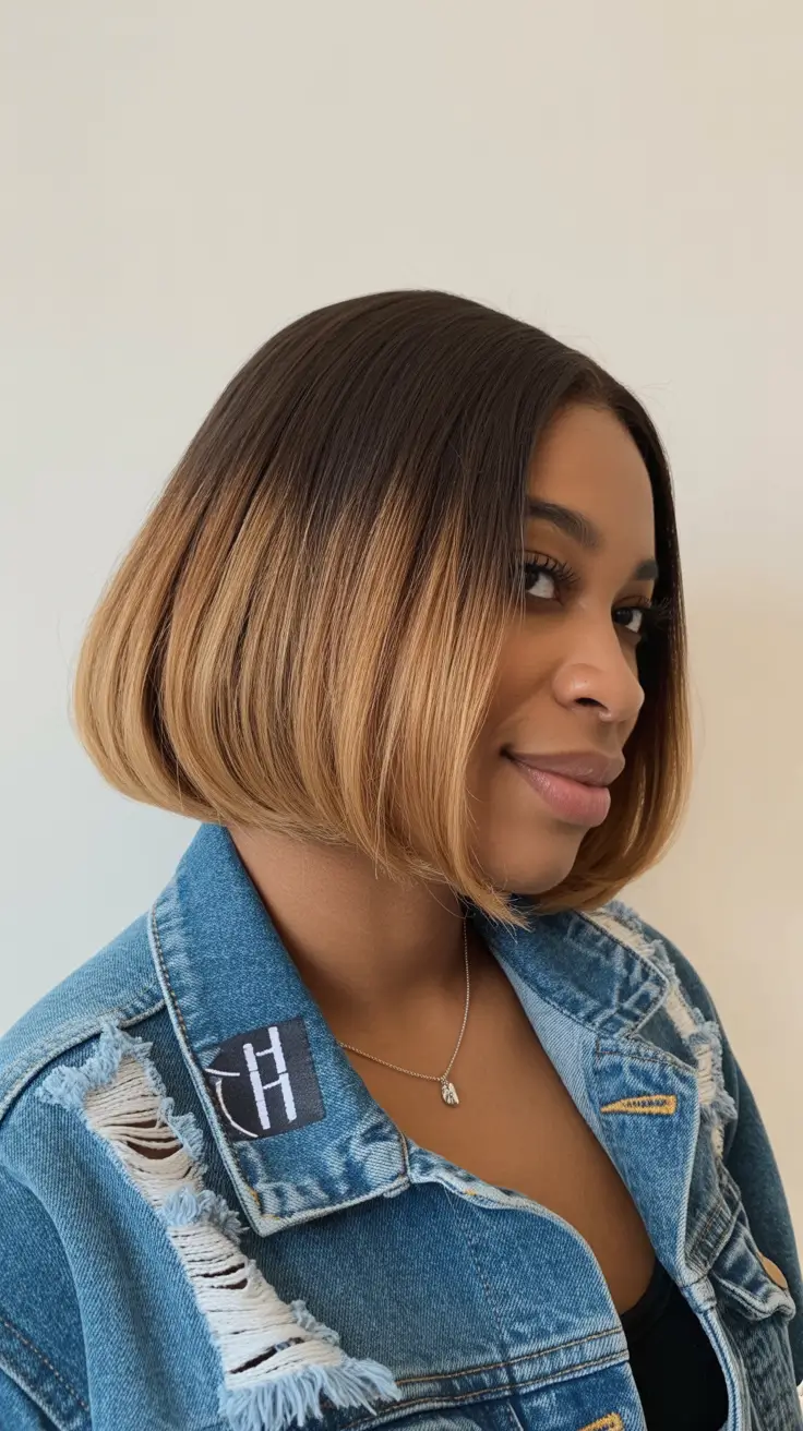 cool spring hair color for dark skin 2026 Golden Honey Ombre Bob with Soft Spring Dimension