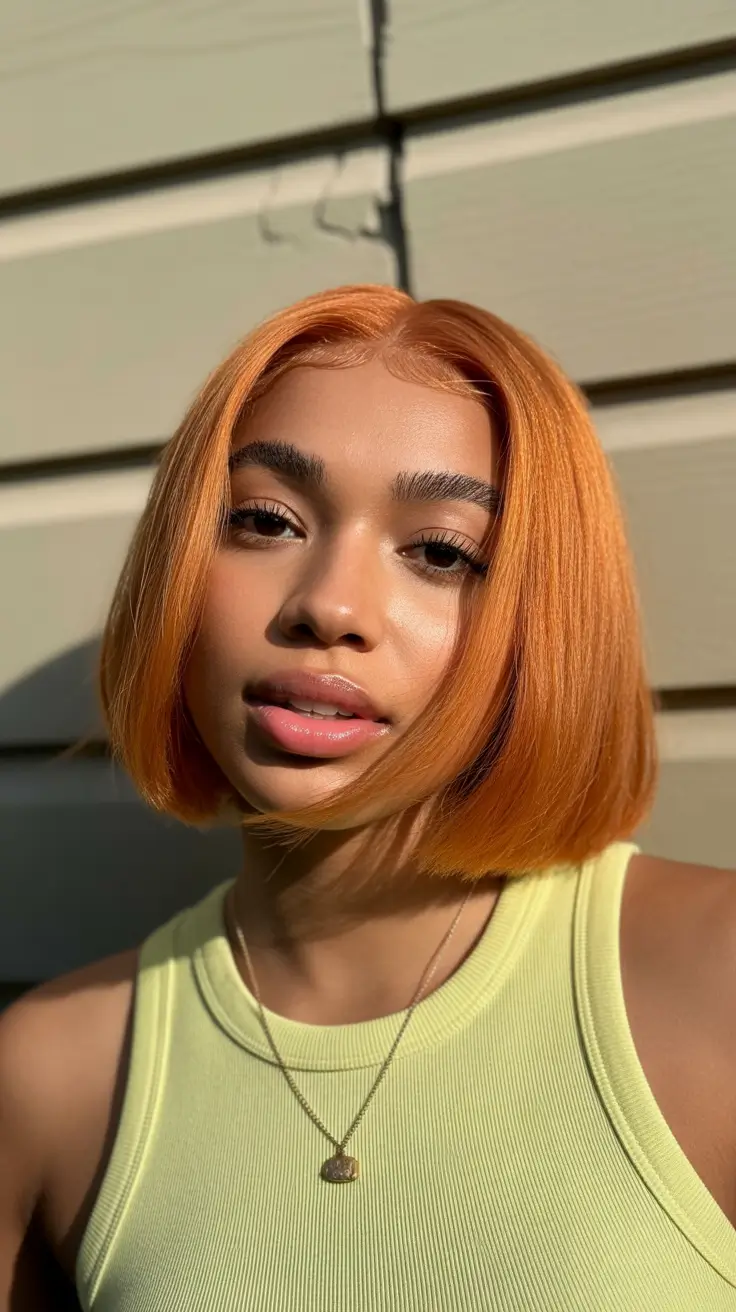 cool spring hair color for dark skin 2026 Sunlit Tangerine Bob with Playful Spring Energy