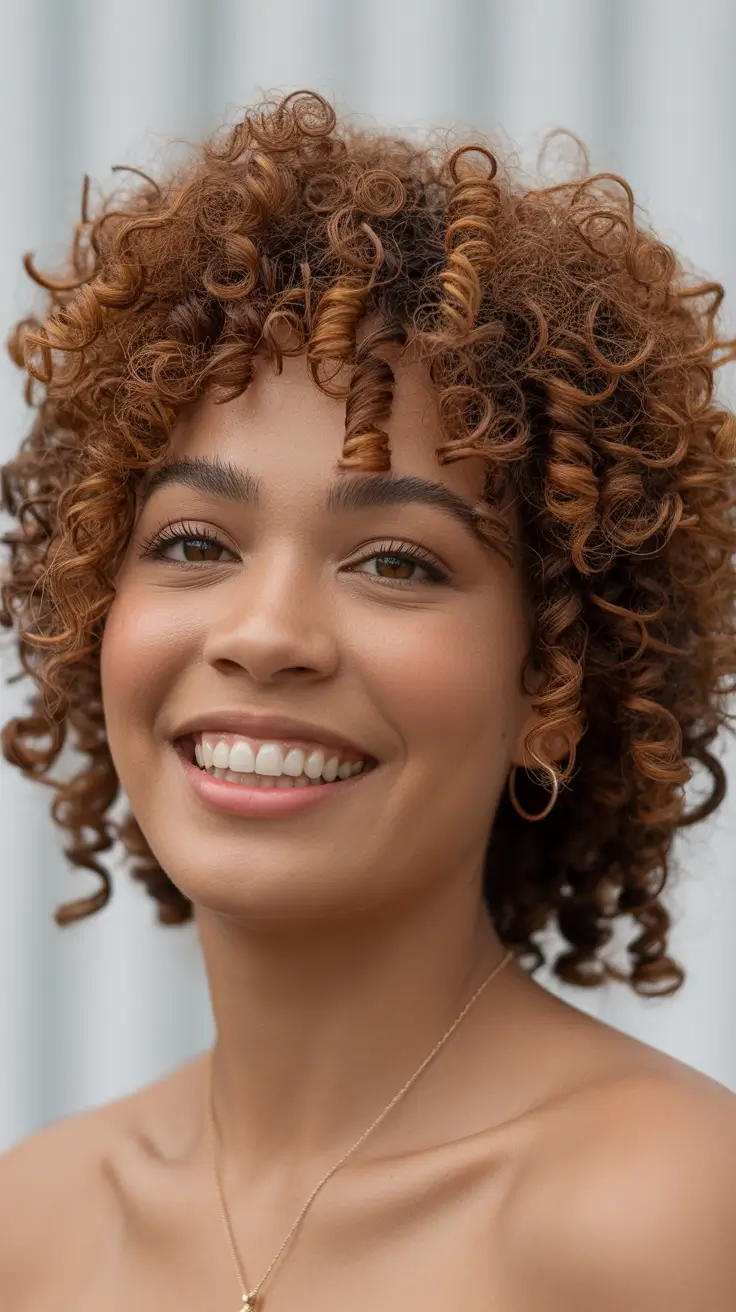 cool spring hair color for dark skin 2026 Golden Copper Curls That Radiate Spring Energy