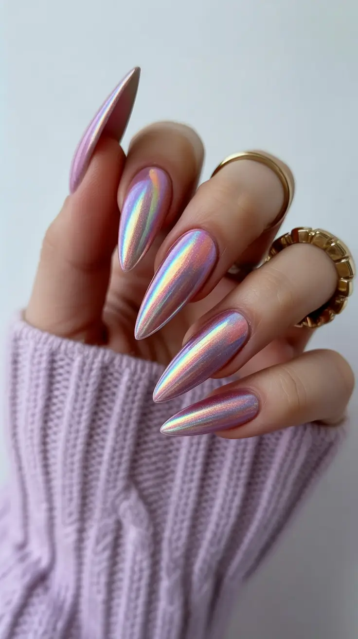 cute chrome spring nails 2026 Soft Pink Holographic Almond Glow