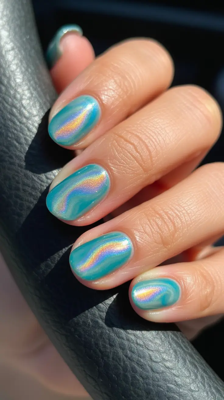 cute chrome spring nails 2026 Short Blue Chrome Aura Glow