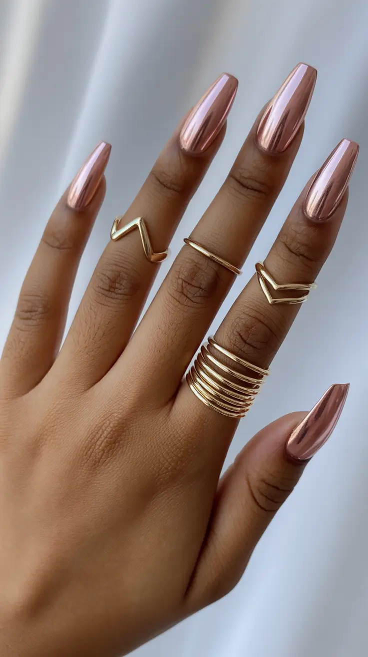 cute chrome spring nails 2026 Rose Gold Chrome Coffin Statement