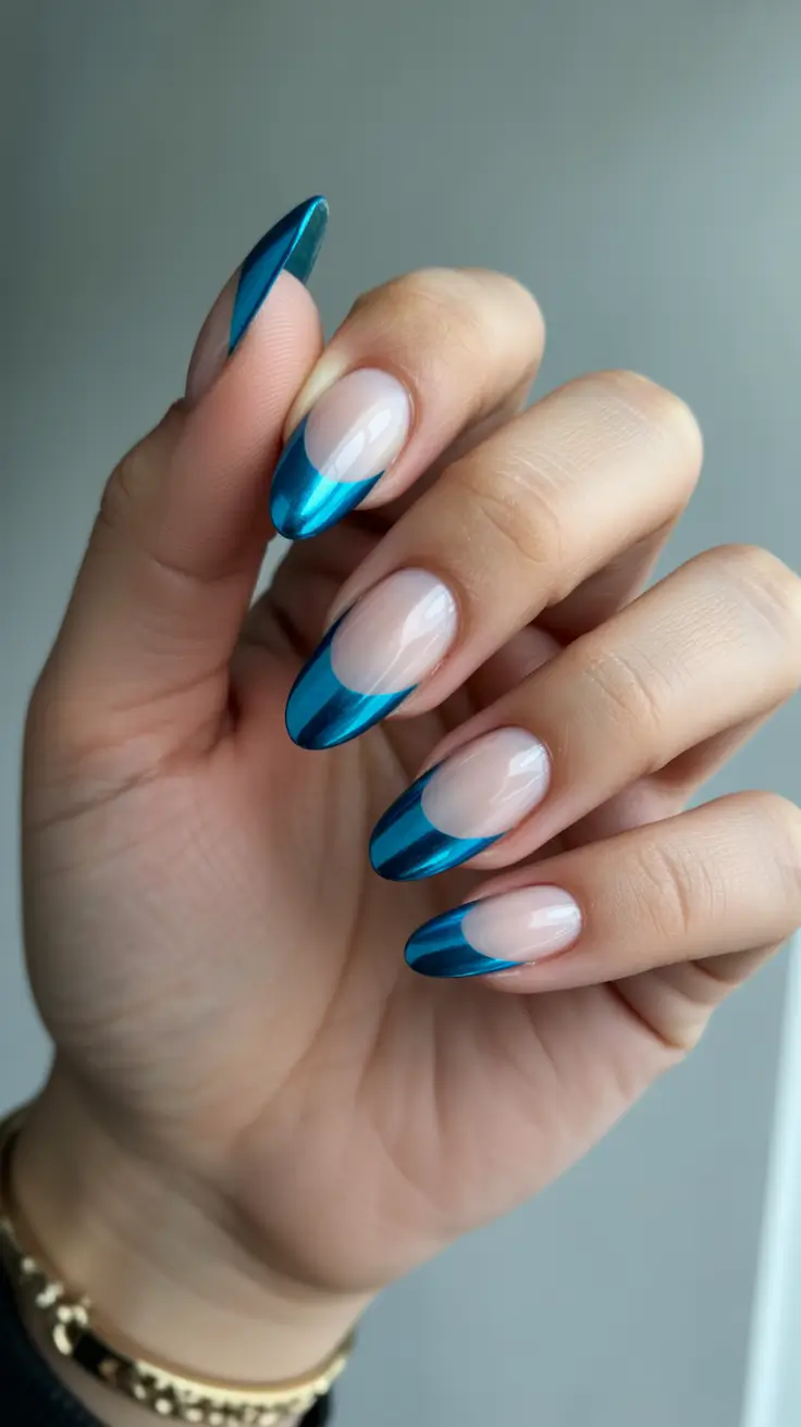 cute chrome spring nails 2026 Blue Chrome French Almond Elegance