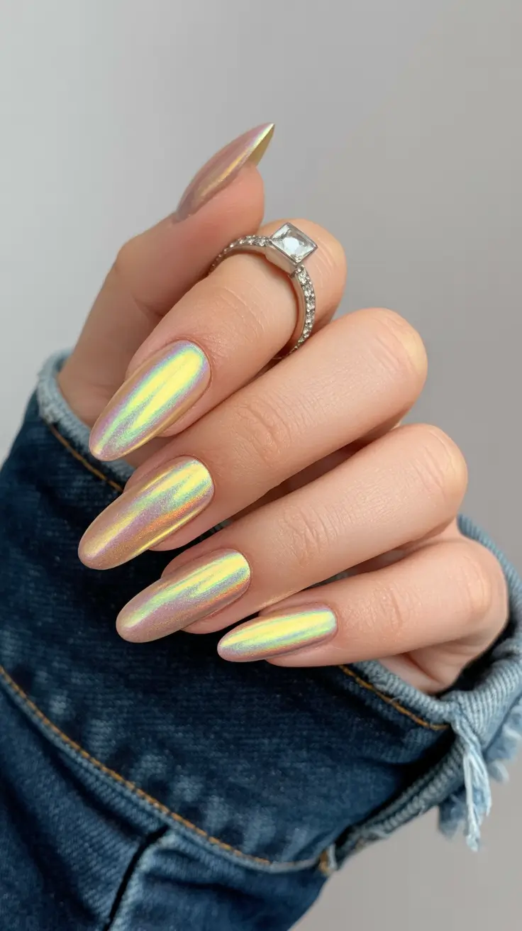 cute chrome spring nails 2026 Sunlit Yellow Chrome Almond Radiance