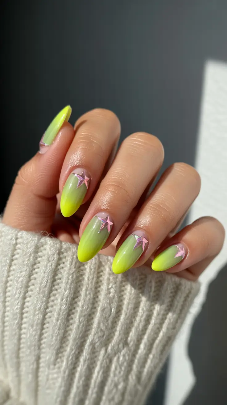 cute chrome spring nails 2026 Light Green Chrome Ombre With Playful Stars