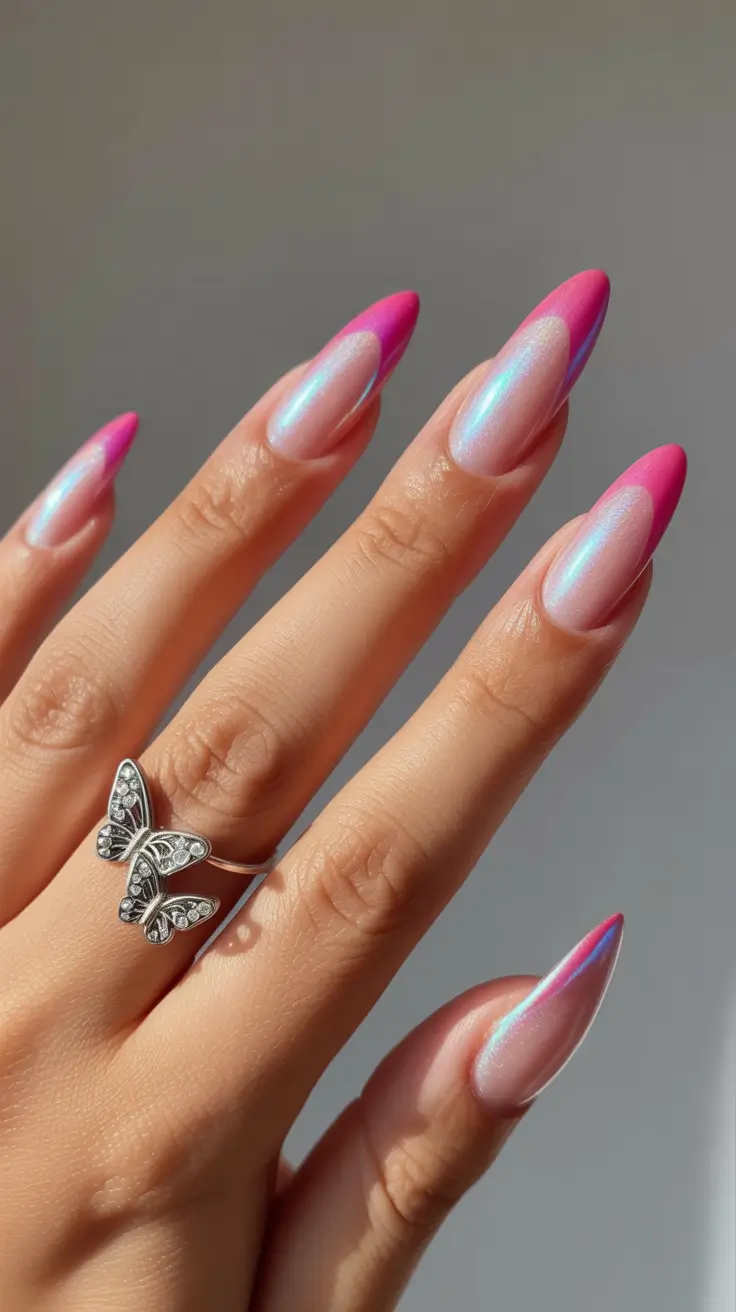 cute chrome spring nails 2026 Pink Chrome Double French Elegance