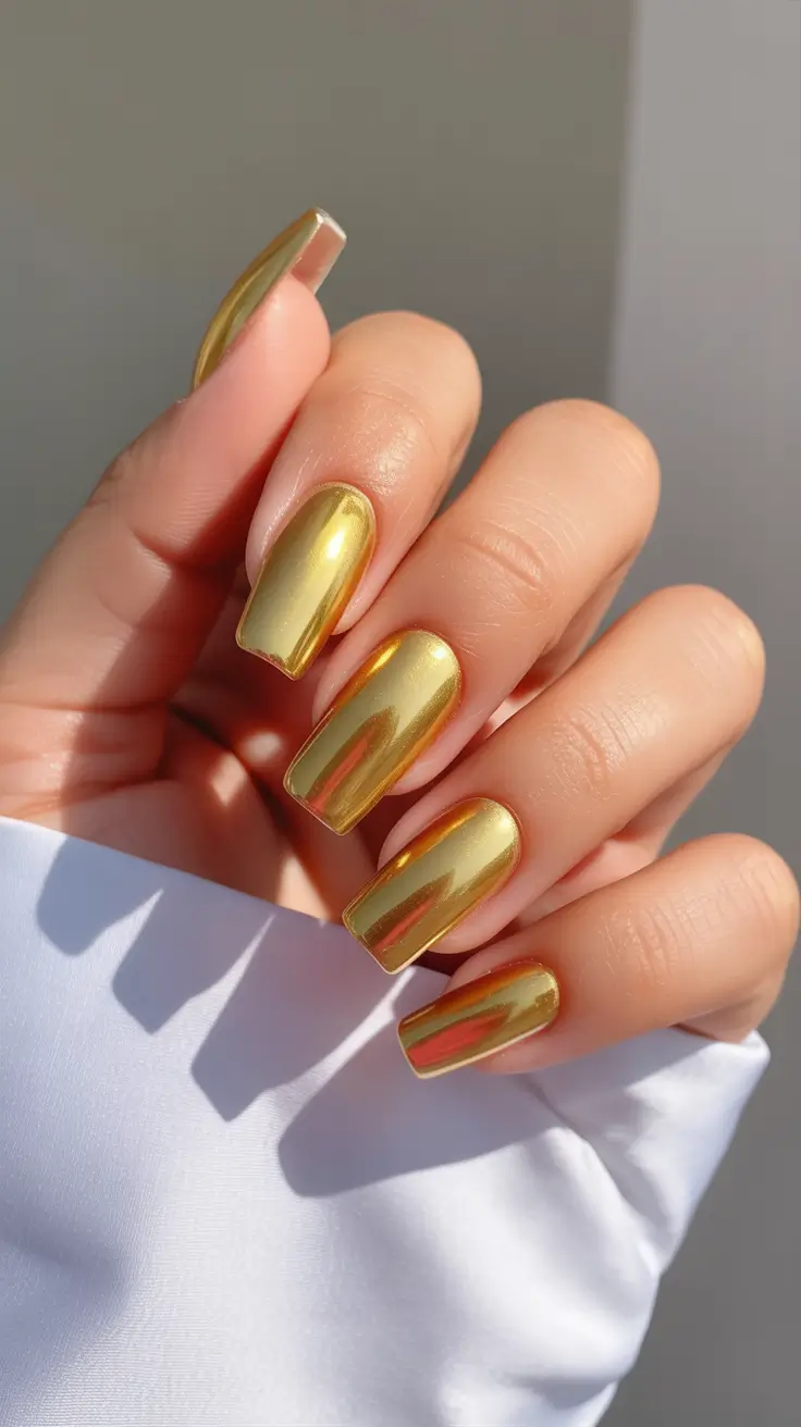 cute chrome spring nails 2026 Bold Gold Chrome Square Statement