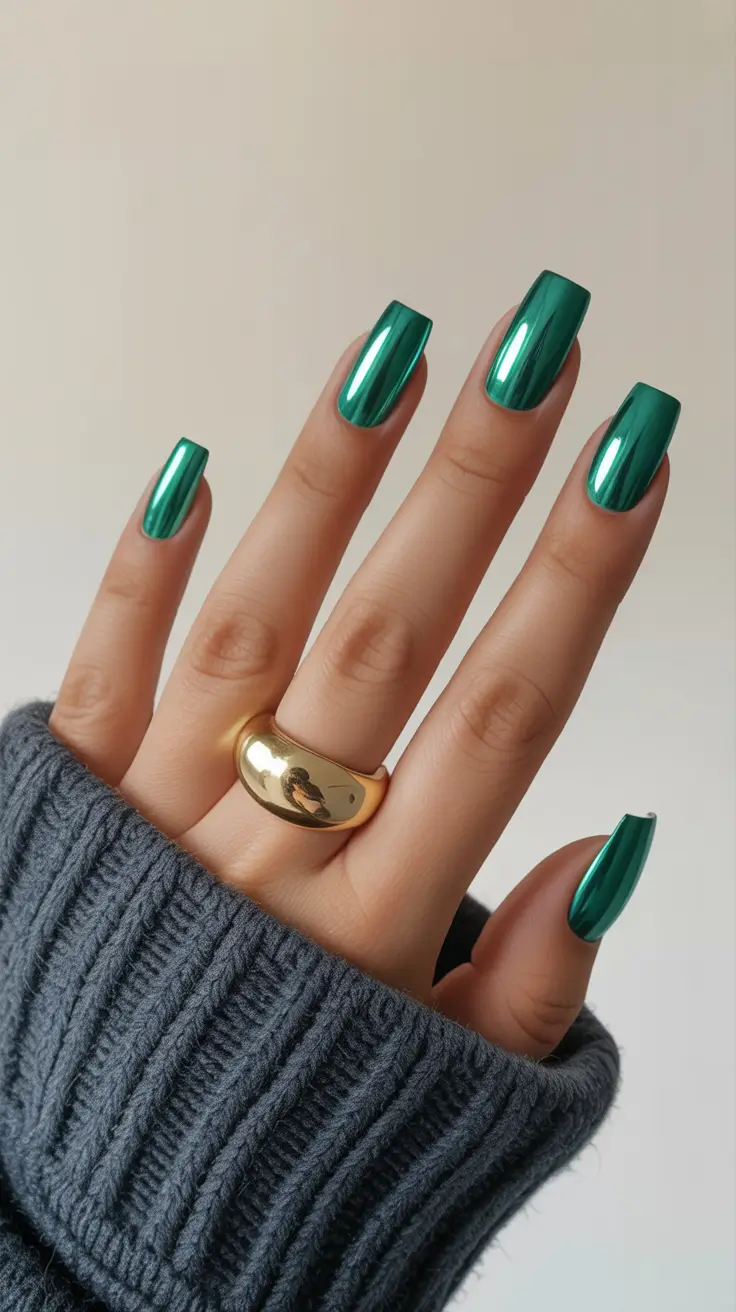 cute chrome spring nails 2026 Glossy Green Chrome Confidence