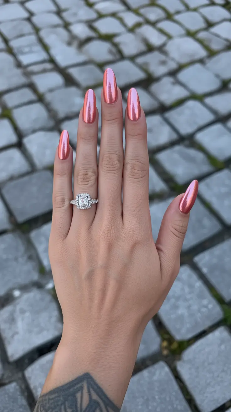 cute chrome spring nails 2026 Warm Orange Metallic Almond Drama