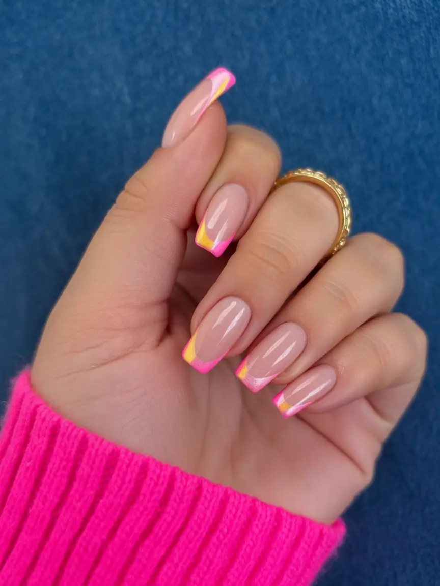 cute chrome spring nails 2026 Playful Pink and Yellow Chrome French Tips