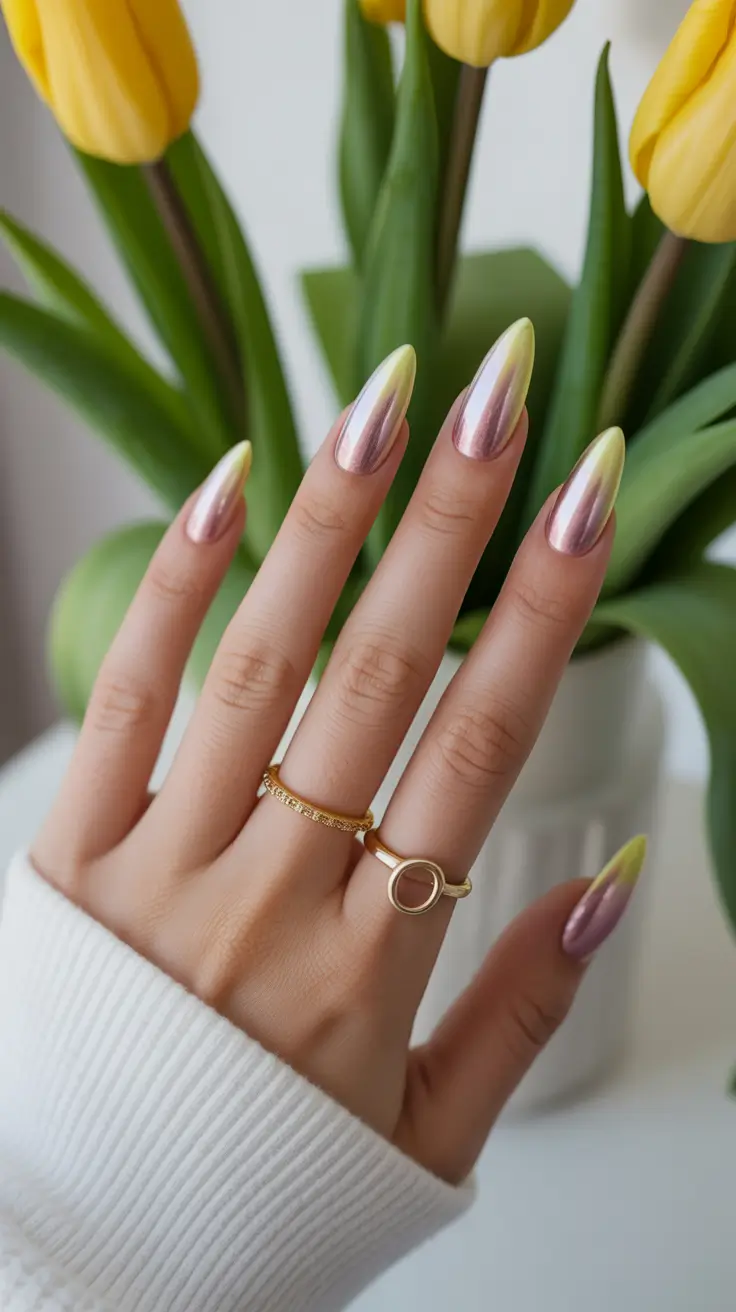 cute chrome spring nails 2026 Pastel Yellow Chrome Almond Elegance