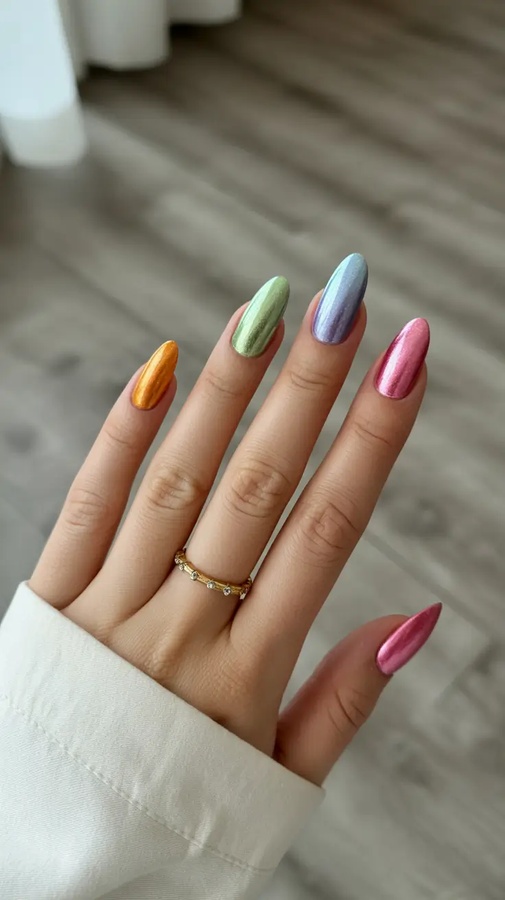 cute chrome spring nails 2026 Rainbow Chrome Color Story