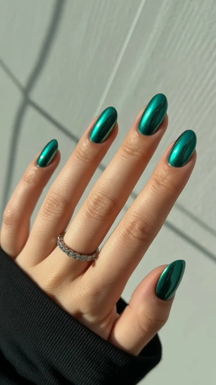 cute chrome spring nails 2026 Deep Emerald Chrome Minimal Chic
