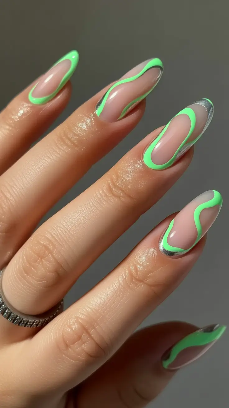 cute chrome spring nails 2026 Neon Light Green Chrome French Waves