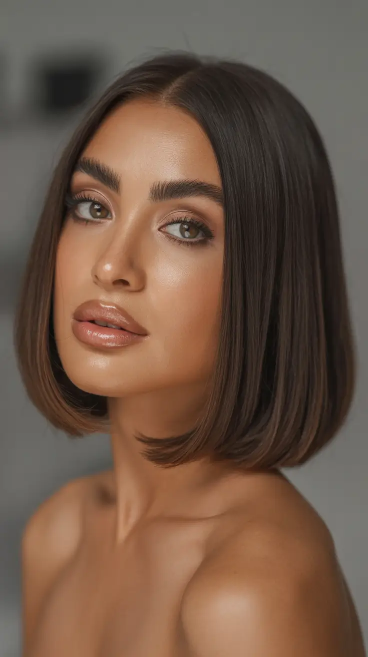 dreamy spring hair color warm skin tone 2026 Warm Chestnut Glass Bob with Sleek Shine