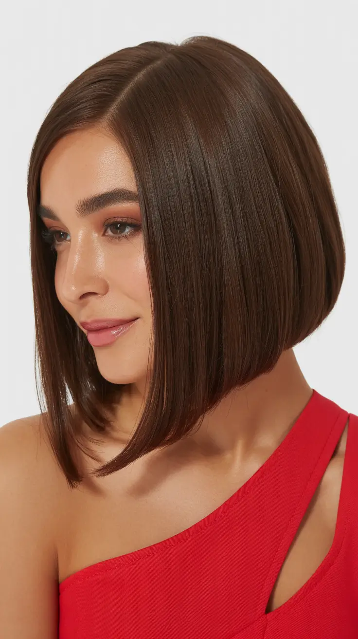 dreamy spring hair color warm skin tone 2026 Warm Chestnut Precision Bob with Mirror Shine