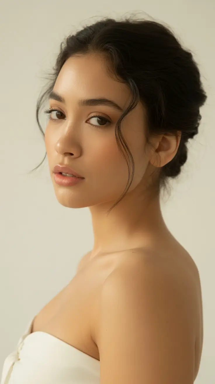 dreamy spring hair color warm skin tone 2026 Elegant Warm Brunette Updo with Natural Dimension