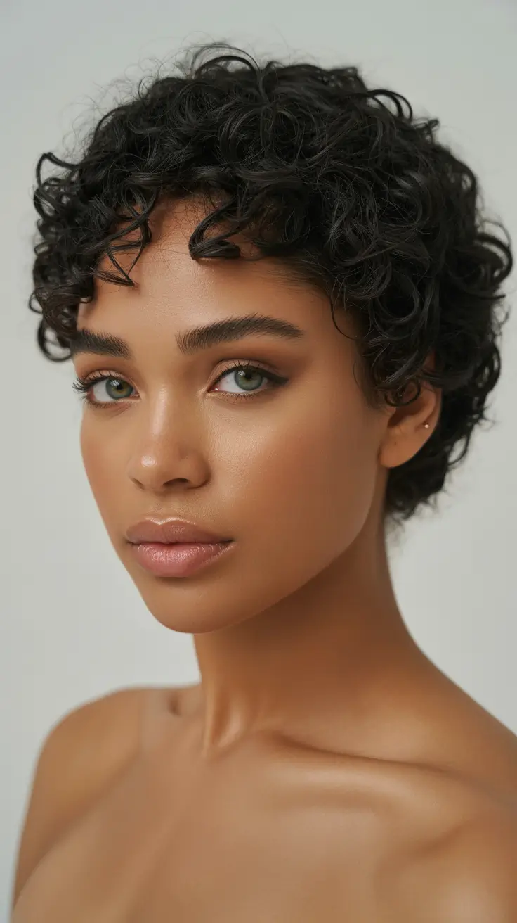 dreamy spring hair color warm skin tone 2026 Deep Natural Brunette Pixie Curls with Warm Dimension