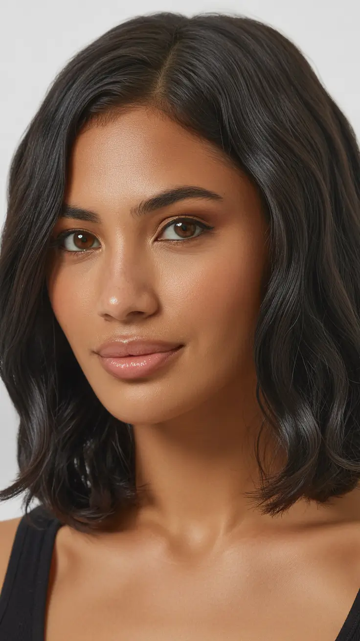 dreamy spring hair color warm skin tone 2026 Glossy Dark Brown Shoulder-Length Classic