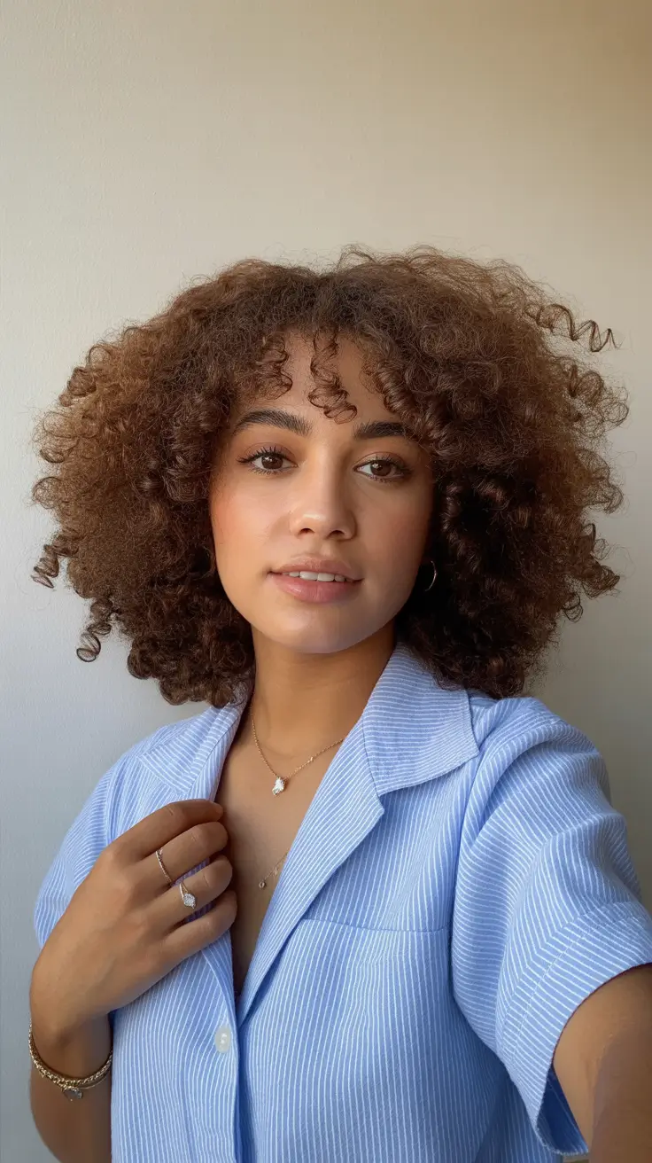 spring hair color on brown skin Golden Tan Curls with Soft Spring Warmth