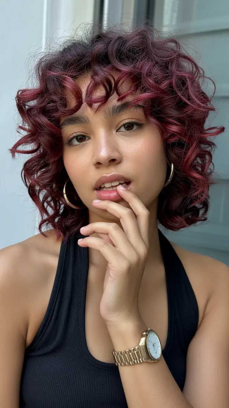 spring hair color ideas for brown skin Cherry Cola Curly Bob with Playful Spring Energy