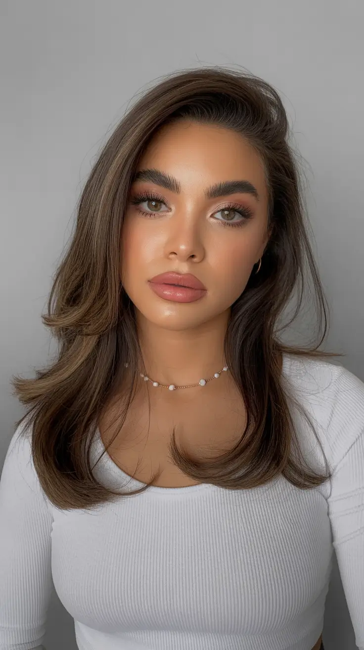 spring hair color on brown skin Milk Tea Brunette with Soft Face Framing Layers