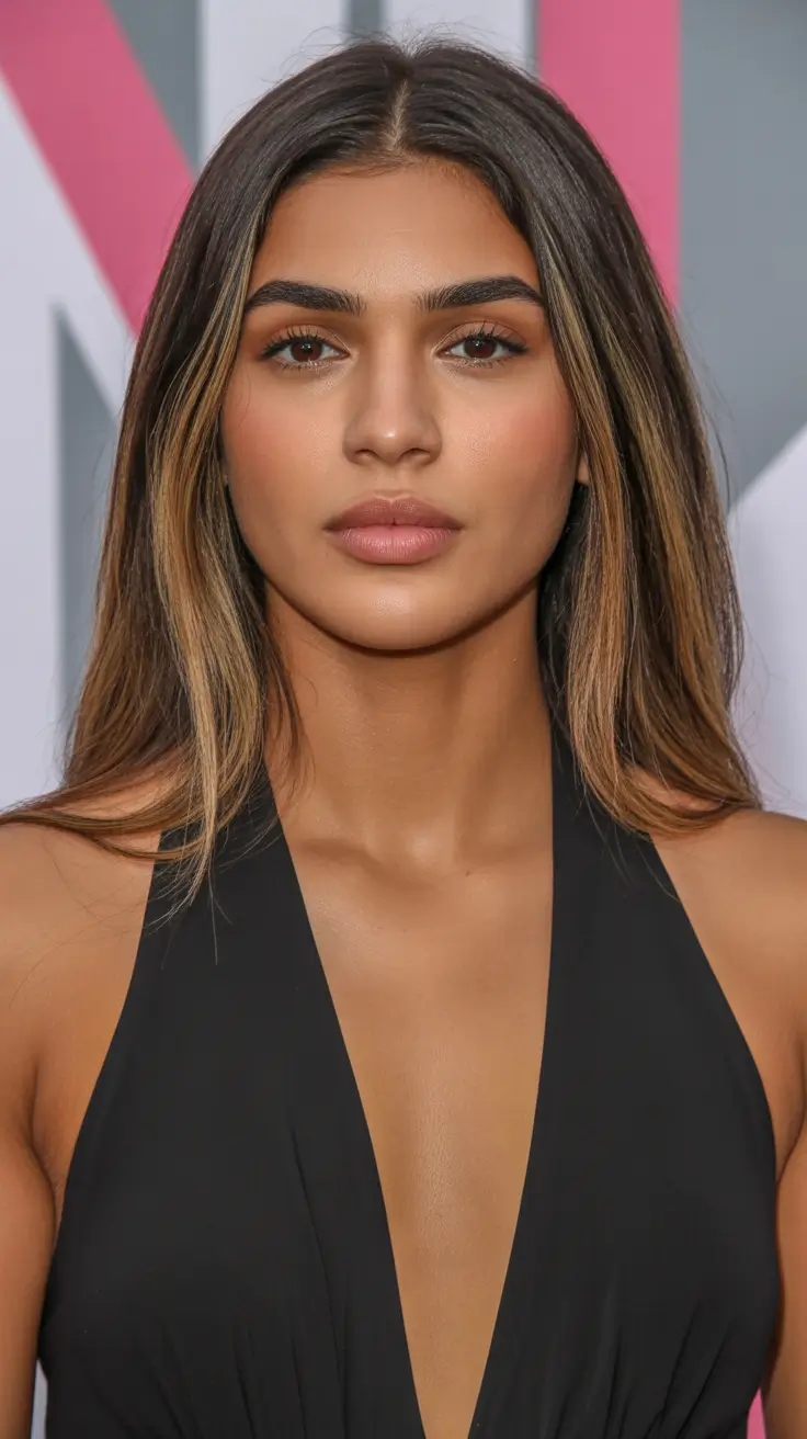 spring hair color 2026 brown skin Golden Highlighted Brunette with Red Carpet Glow