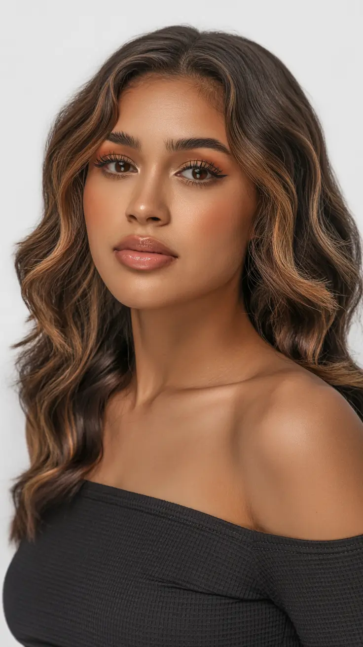 spring hair color ideas for brown skin Soft Chocolate Waves with Milk Tea Dimension