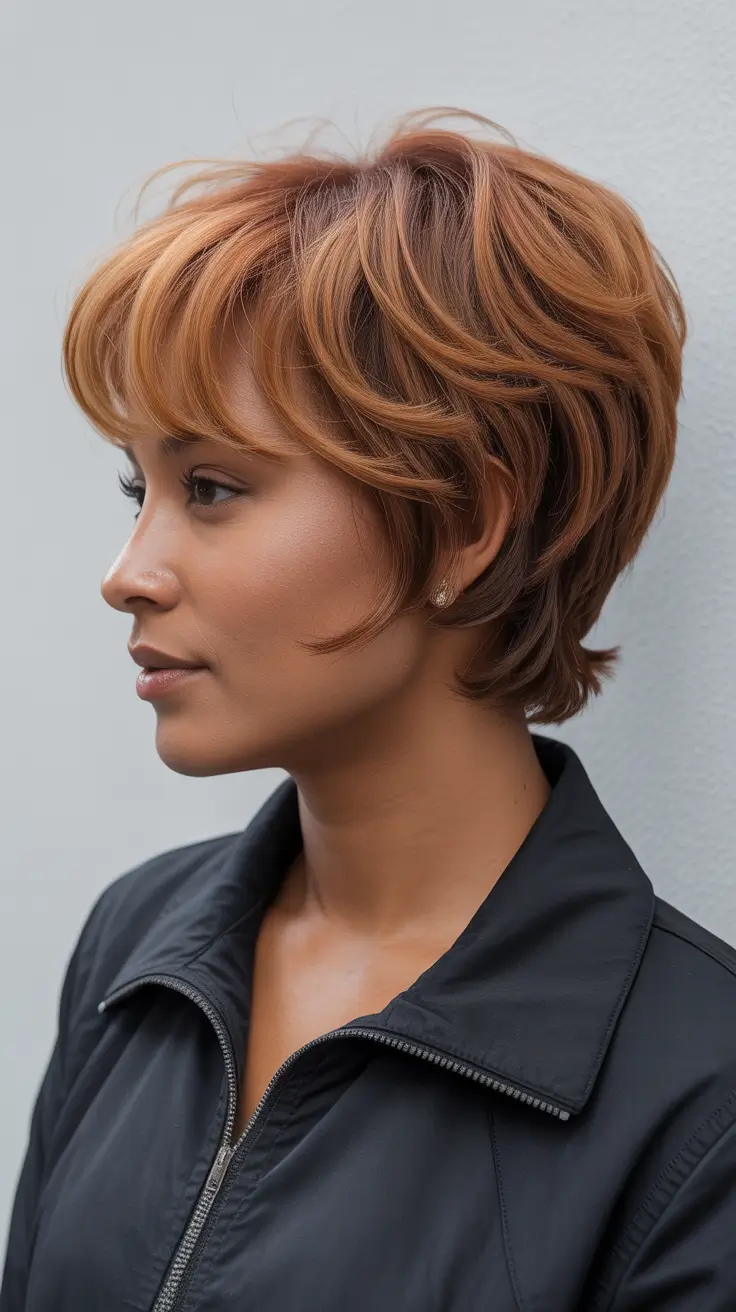 spring hair color on brown skin Soft Ginger Pixie with Airy Spring Dimension
