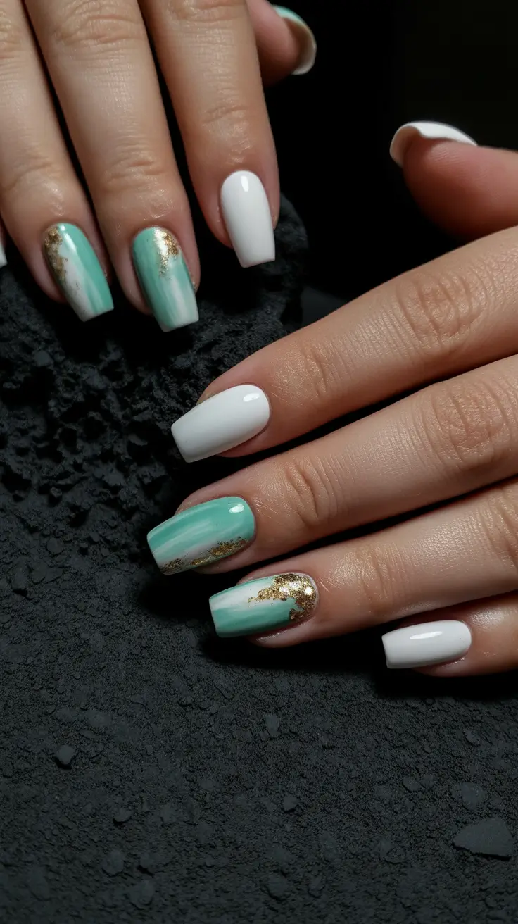 bright spring nails 2026 Mint and Gold Square Nails with Elegant Spring Accents