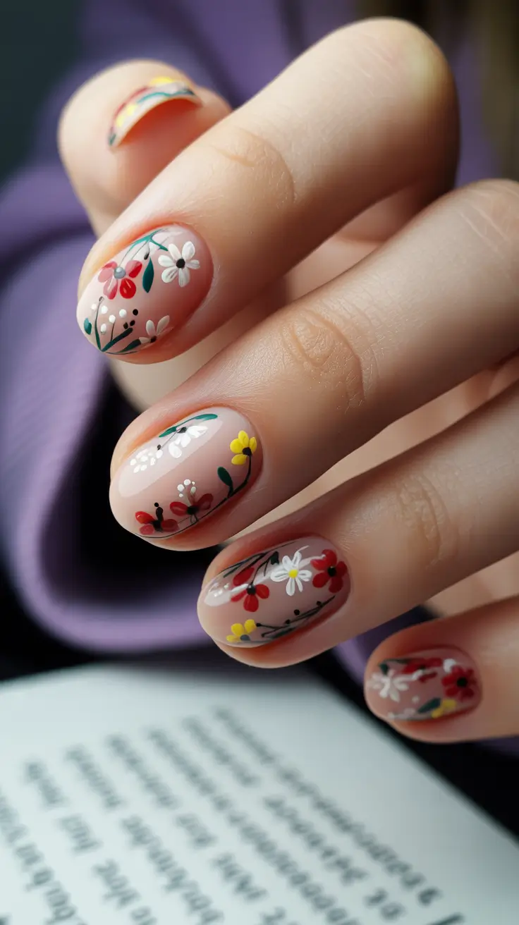 bright spring nails 2026 Playful Mini Garden Nails with Colorful Floral Art