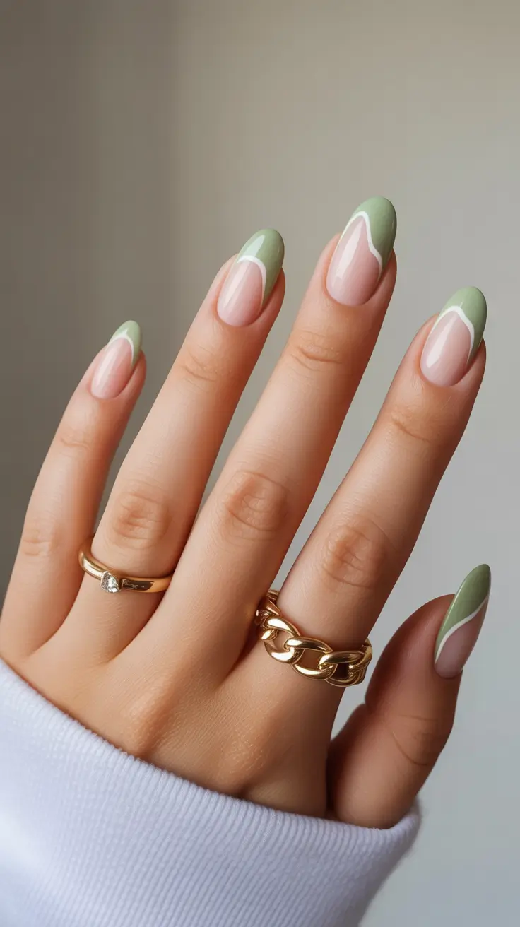 bright spring nails 2026 Minimalist Sage Green Almond French Tips