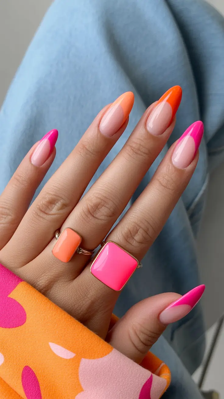 bright spring nails 2026 Vibrant Neon Almond Tips for Bold Spring Style