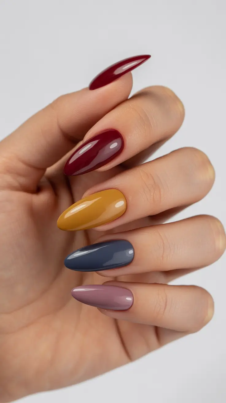 bright spring nails 2026 Rich Multicolor Almond Nails for a Sophisticated Spring Color Palette