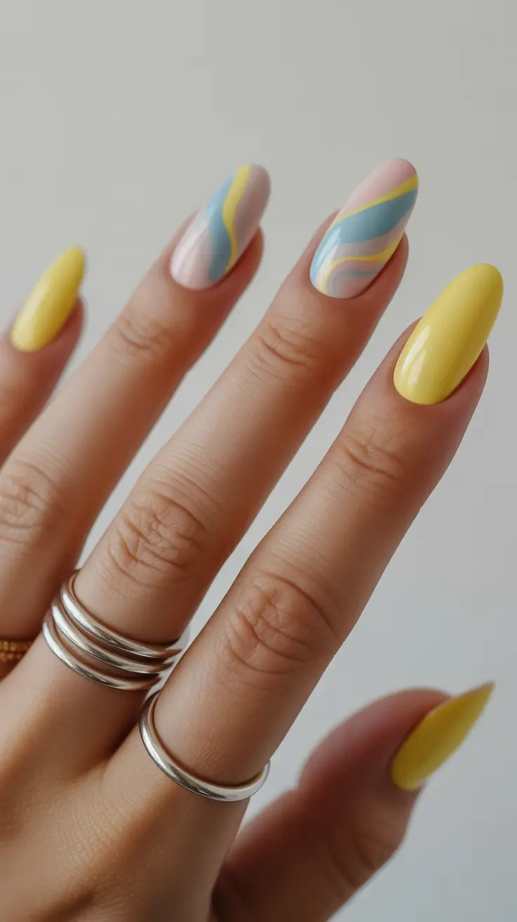 bright spring nails 2026 Soft Pastel Wave Art for Playful Spring Nails