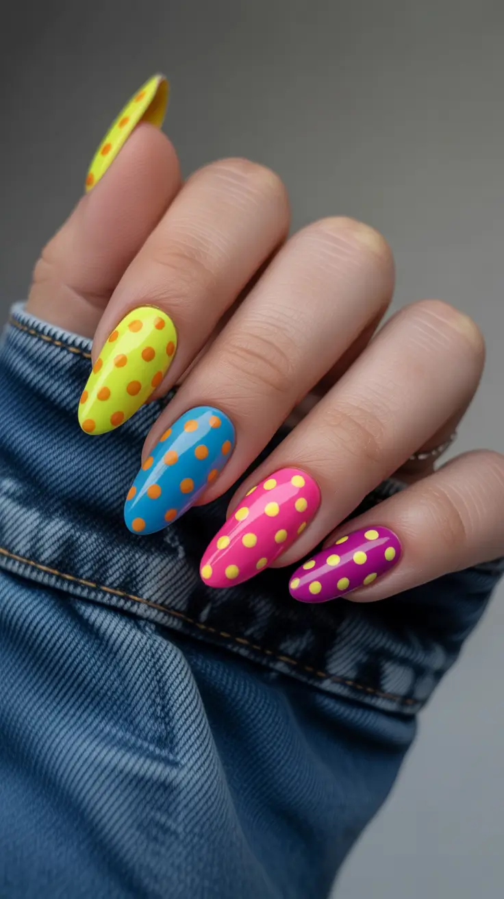 bright spring nails 2026 Playful Polka Dot Almond Nails for Fun Spring Style