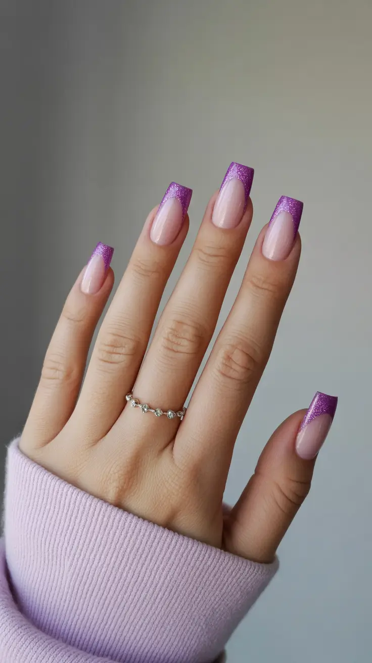 bright spring nails 2026 Glitter Purple French Tips on Elegant Square Nails