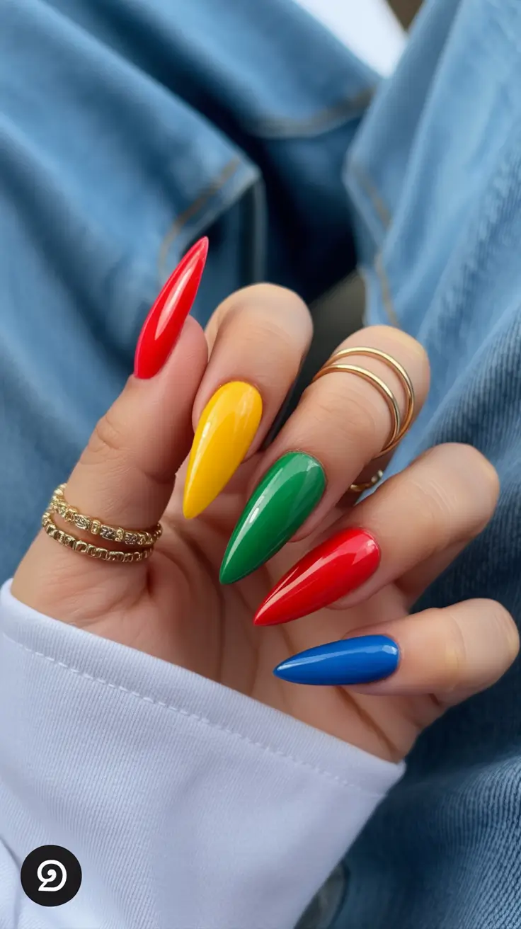 bright spring nails 2026 Bold Rainbow Almond Nails for Maximum Spring Fun