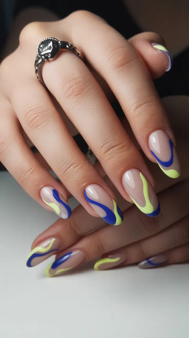 bright spring nails 2026 Abstract Waves in Blue and Neon for Modern Spring Nails