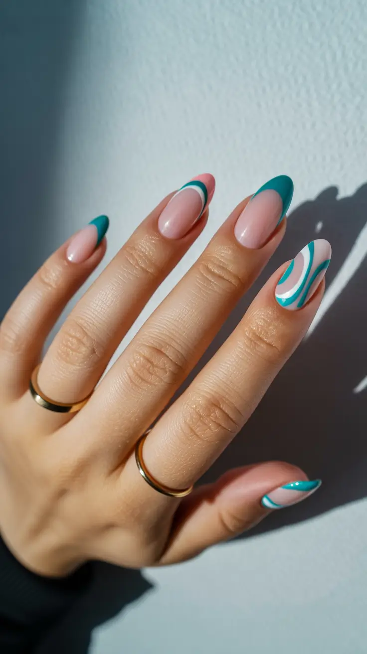 bright spring nails 2026 Modern Teal French Tip with Graphic Spring Lines