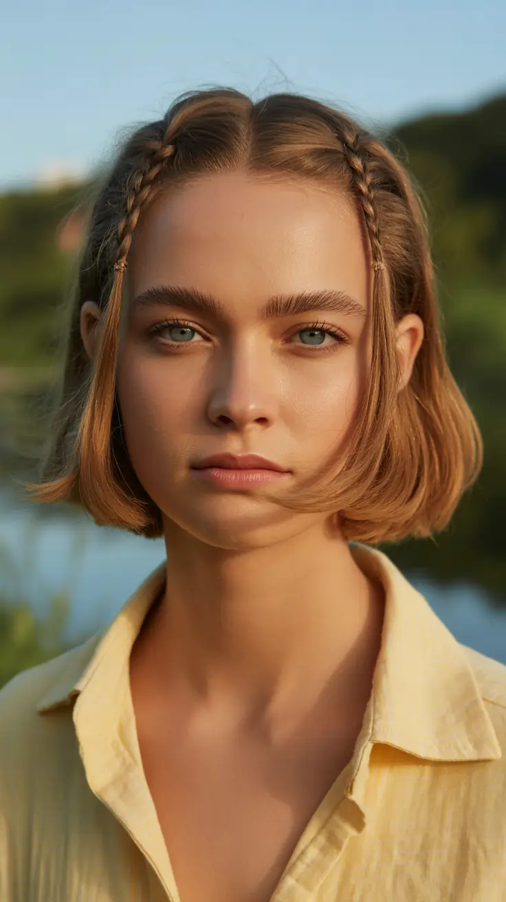 gorgeous spring hair color light skin 2026 Soft Copper Bob with Delicate Braids