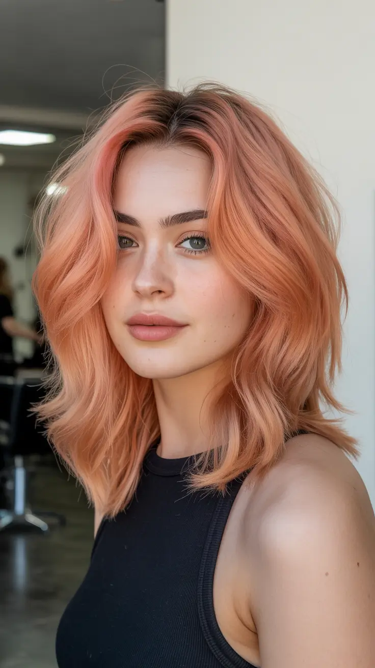 gorgeous spring hair color light skin 2026 Peachy Copper Waves with Playful Volume