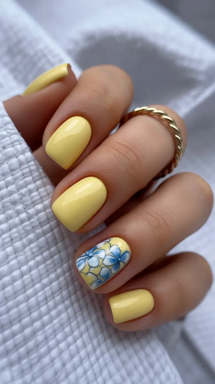 May Nails Ideas 2026 Soft Butter Yellow Florals for Fresh May Mood