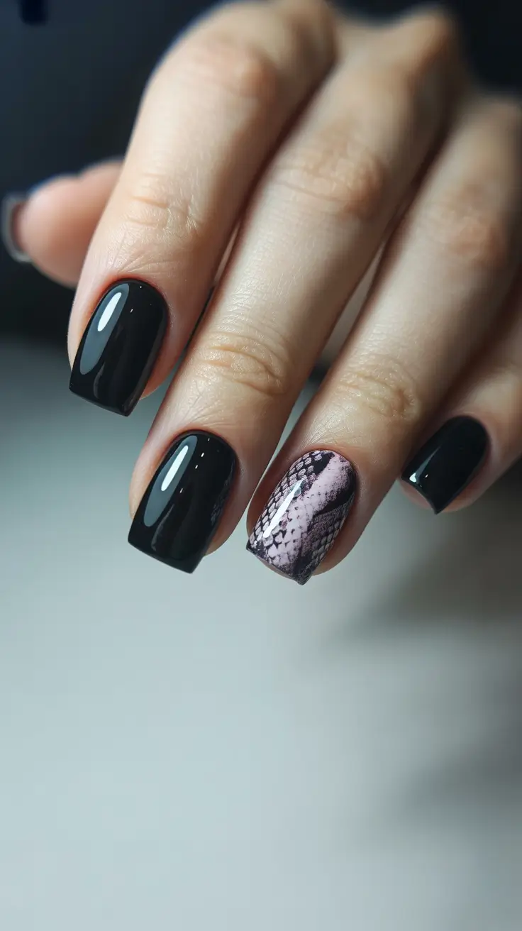 May Nails Ideas 2026 Glossy Black Minimalism with Subtle Accent Detail
