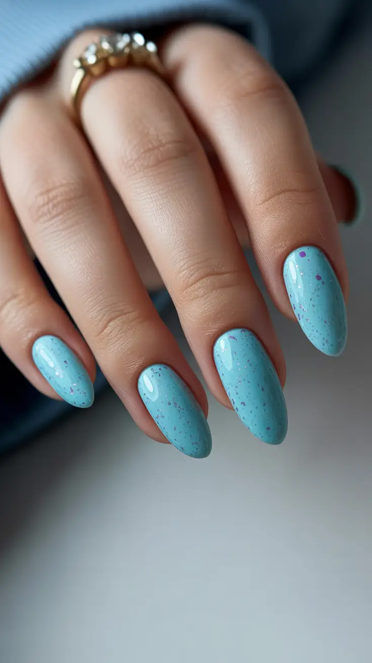 May Nails Ideas 2026 Speckled Aqua Almond for Playful Spring Minimalism